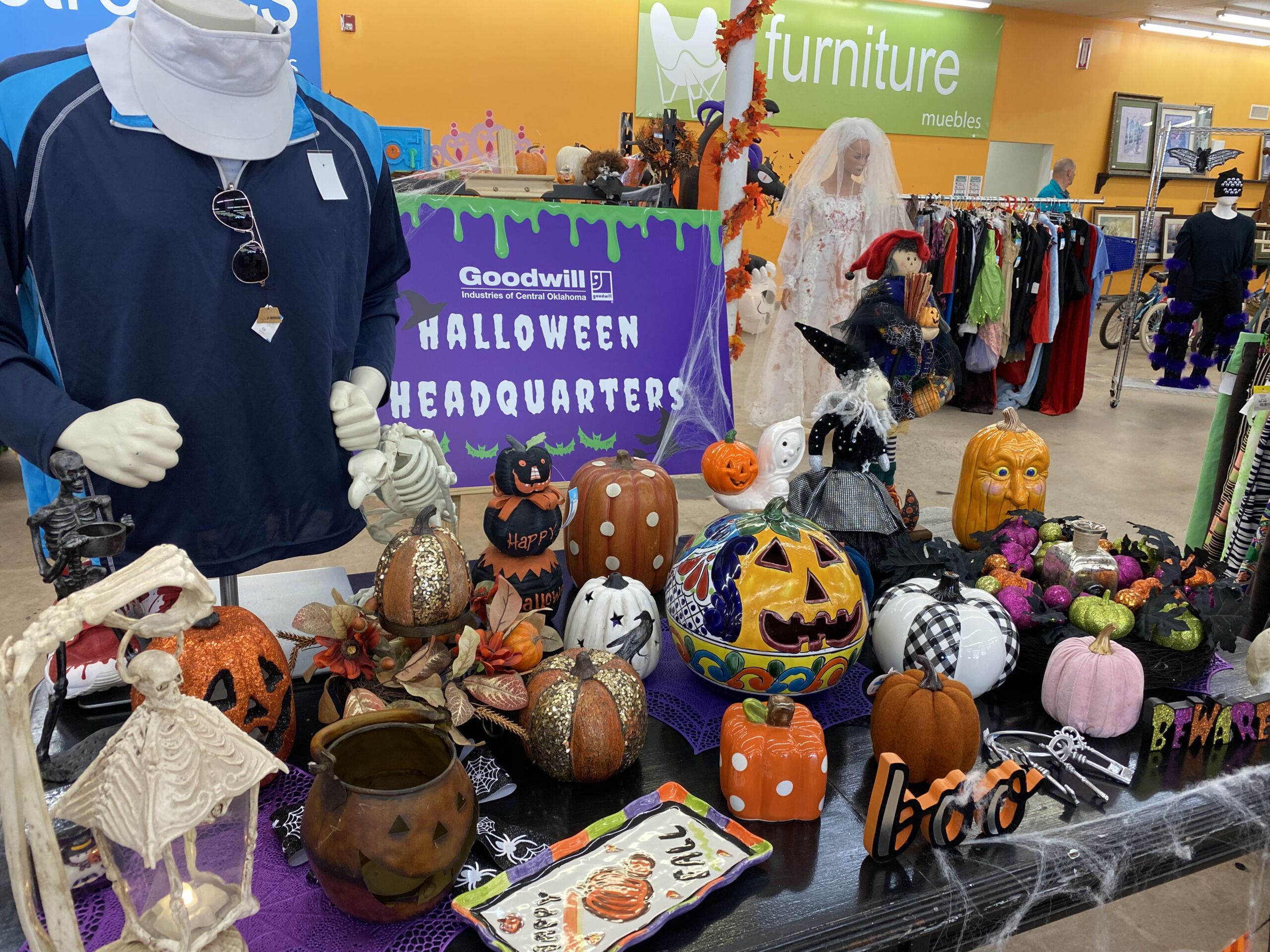 Goodwill is the Halloween headquarters where you can get pumpkins, plastic skeletons, & other Halloween decorations.